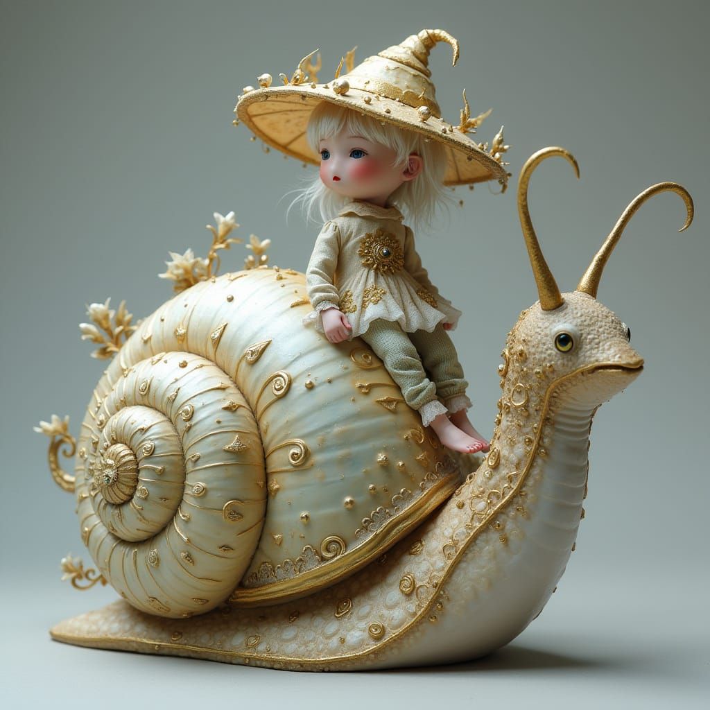 Child Riding Jeweled Snail in Whimsical Scene