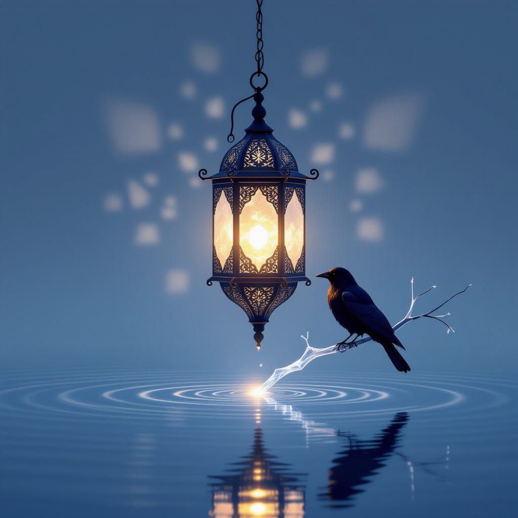 Ornate Moonstone Lantern Above Reflective Pool