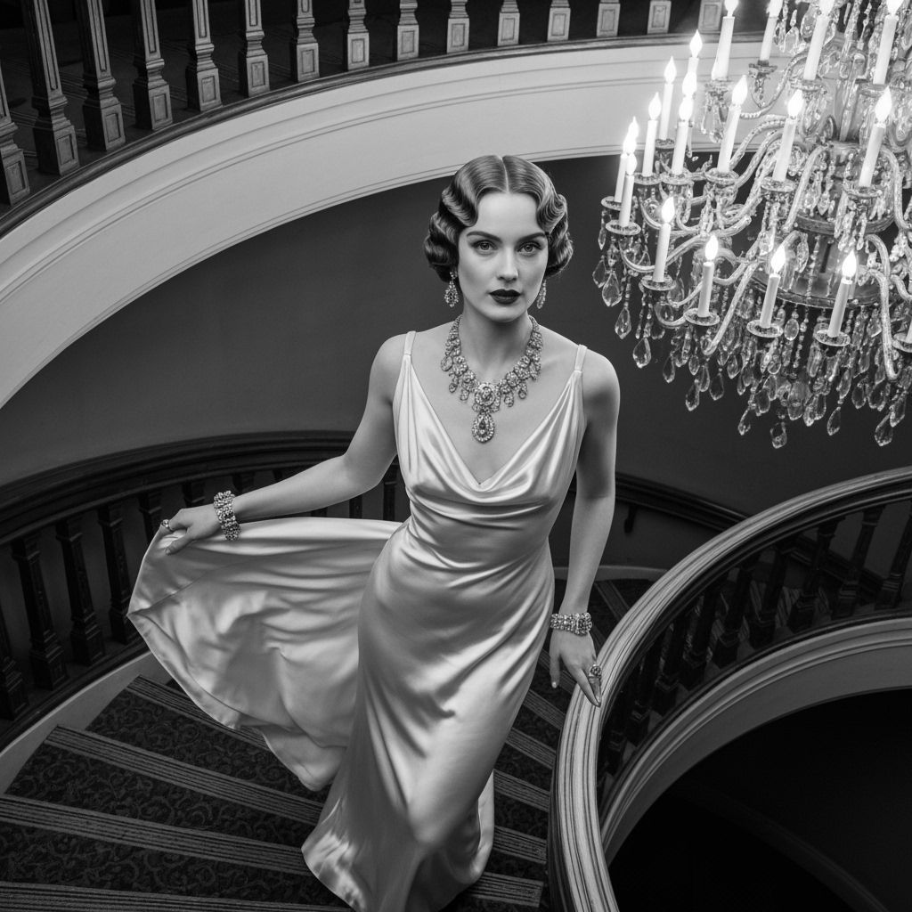 1920s Woman in Pearl Gown with Art Deco Jewelry