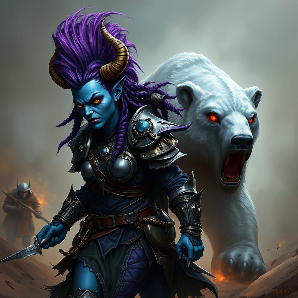 Blue Tiefling Warrior and Fiery Polar Bear in Dark Fantasy