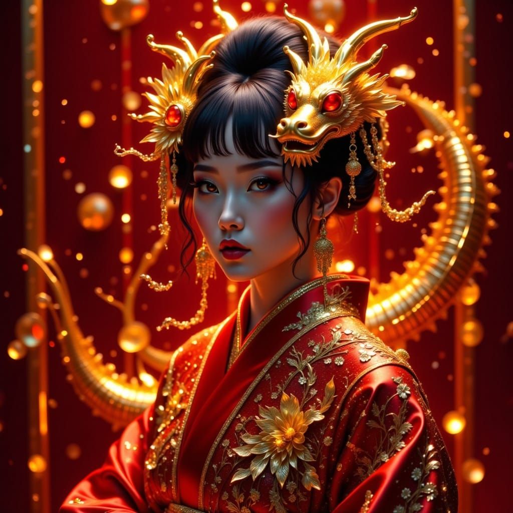 Luxurious Geisha in Red Kimono with Golden Dragon Embroidery
