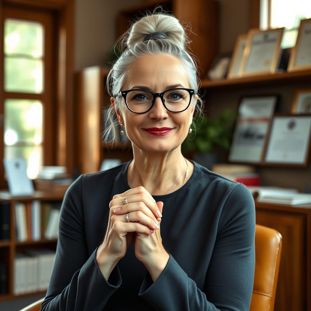 Serenely Confident Woman in Office Setting
