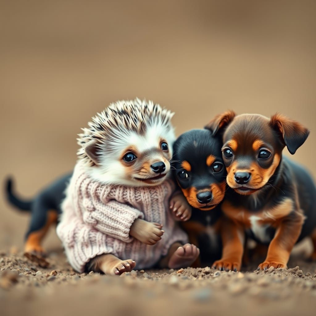 Hedgehog and Puppies in Whimsical Digital Art