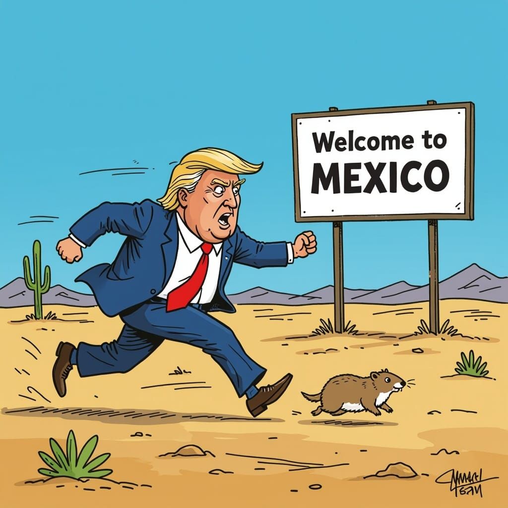 Satirical Cartoon: President Chases Lemming to Mexico