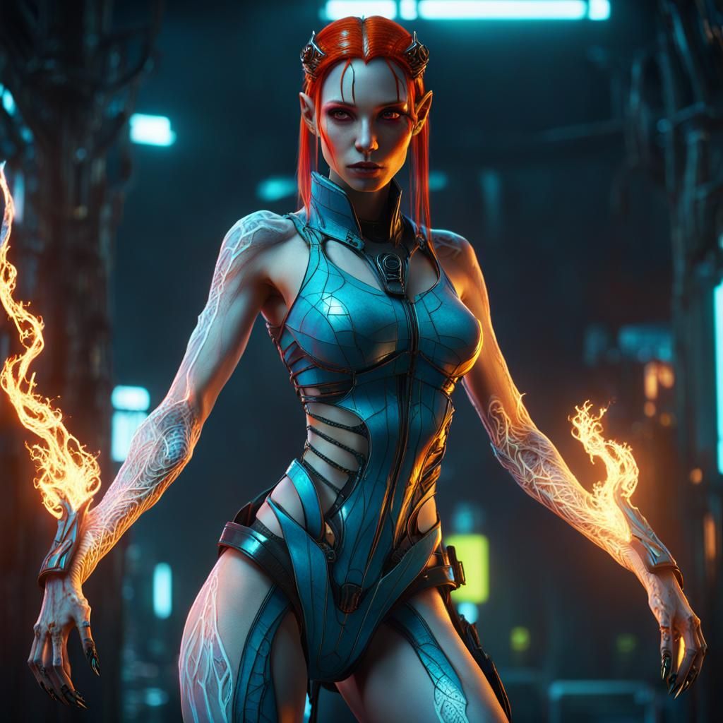 Dragon Girl with Glowing Veins in Cyberpunk Fantasy