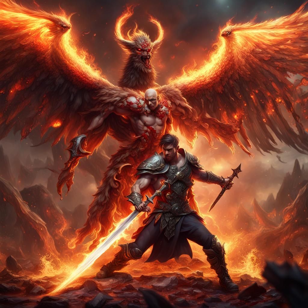 Angel with Flaming Sword Fighting Devil