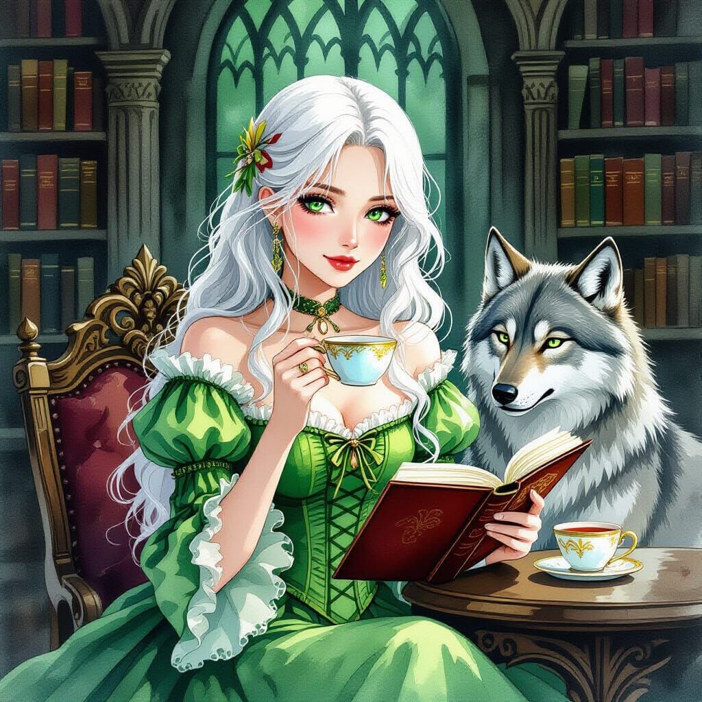Woman and Wolf Enjoying Tea in Gothic Library