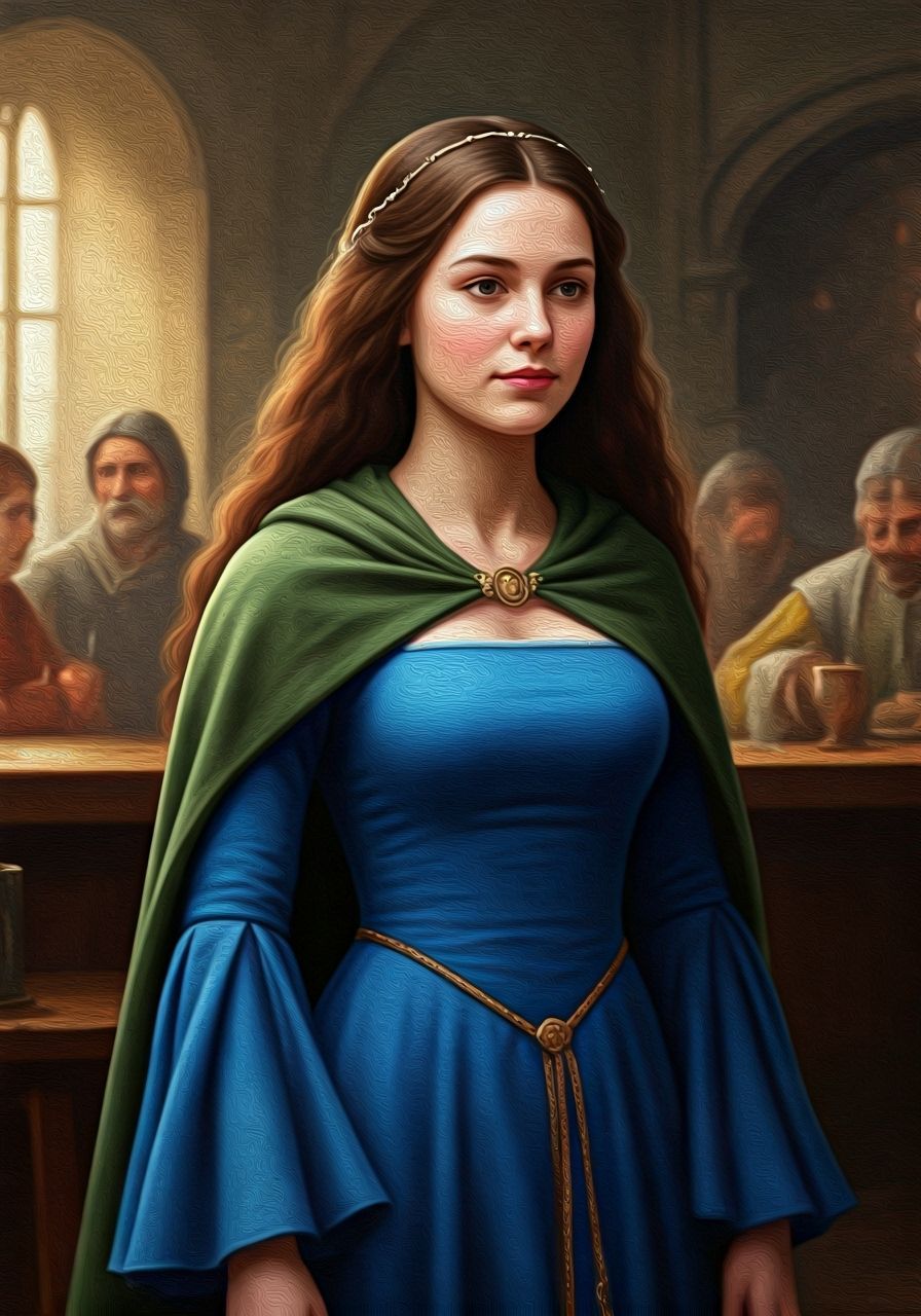 Medieval Woman in Royal Blue Gown in Bustling Bar