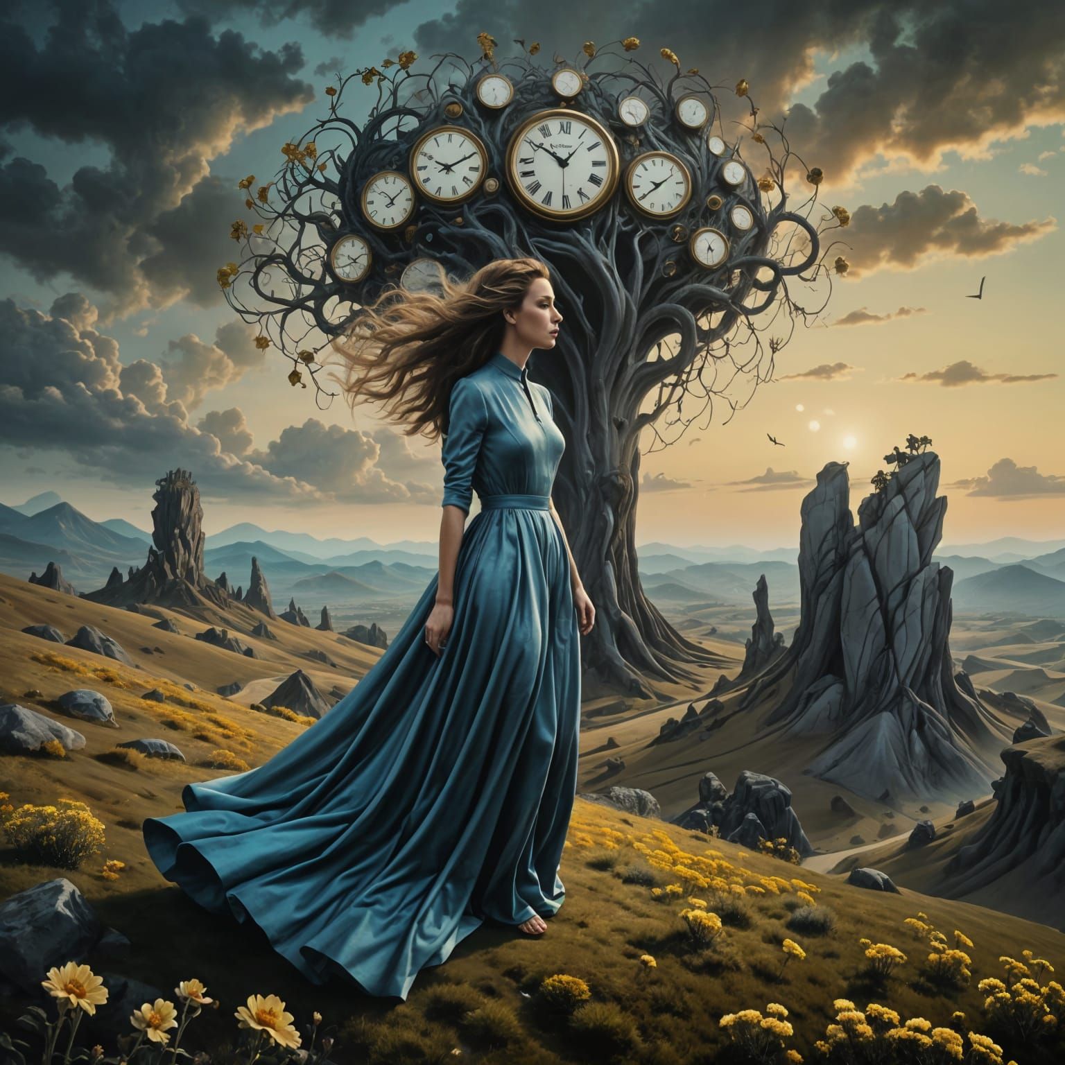 Dali-Inspired Woman on a Hill in Hyperrealistic Surrealism