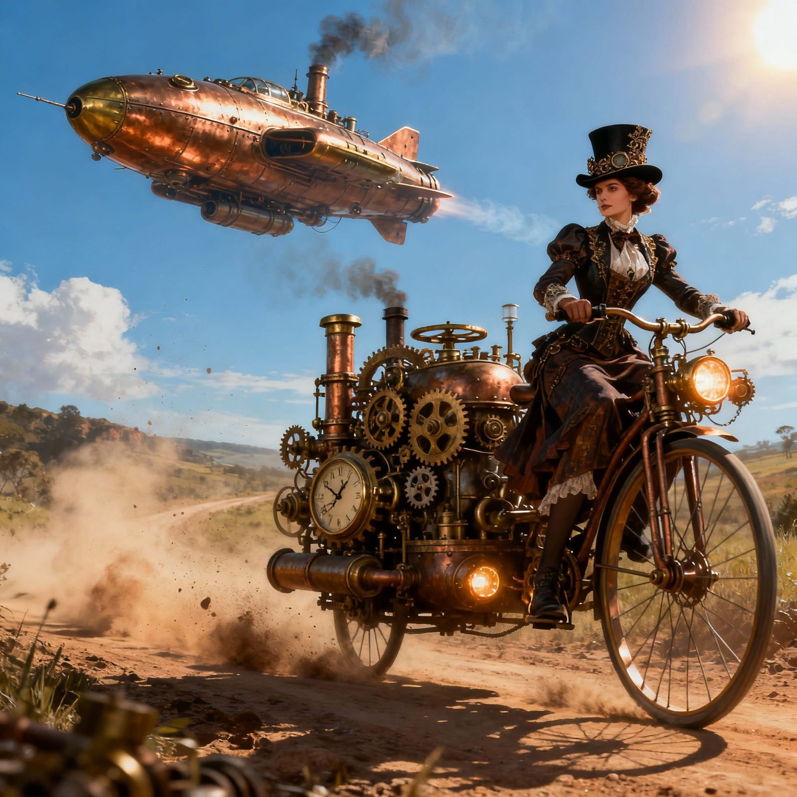 Steampunk Lady on Velocipede Under Spaceship
