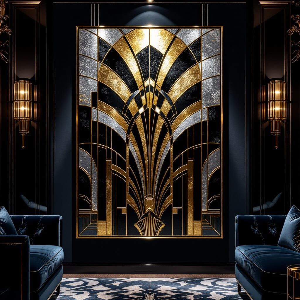 Art Deco Painting: Metallic Gold, Silver, and Black