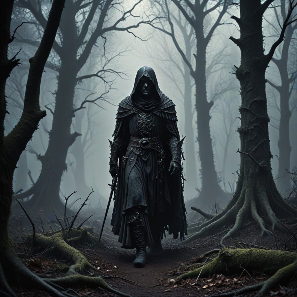 Gothic Figure Lost in Eerie Foggy Forest