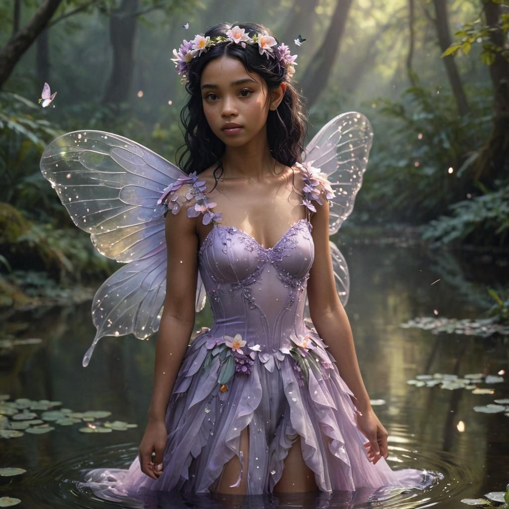 Ebony Fairy in Forest Pond: Hyper-Realistic Digital Art
