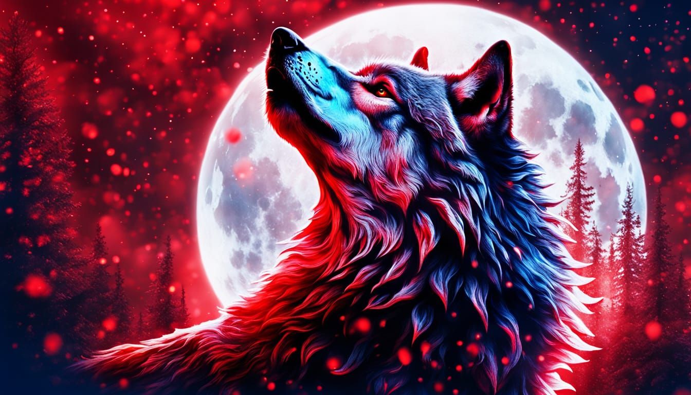 Wolf Howling in Red Snowstorm: Abstract Photorealism