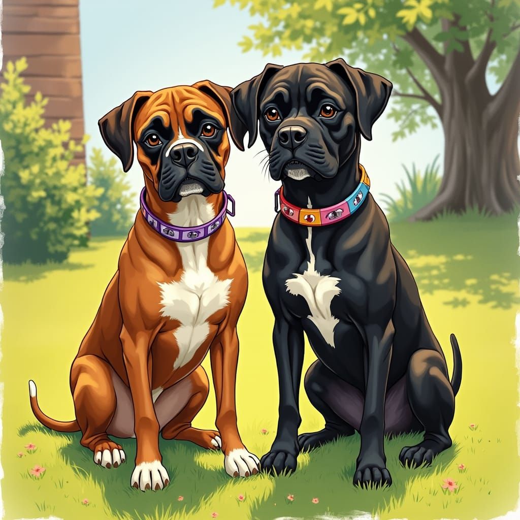 Friendly Boxer Mixes Standing Together in a Sunny Backyard