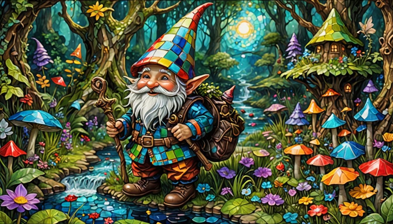 ‘Patchy’ the gnome looked at a patchwork stream in a patchwork forest of patchwork mushrooms. “Patchwork fish for supper...