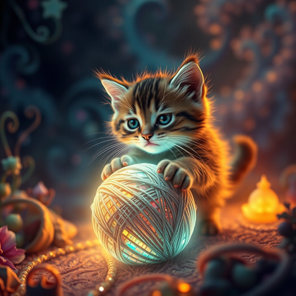 Kitten playing a ball of yarn