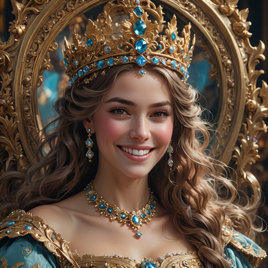 Closeup of a gorgeous woman smiling in a stunning crown, Sim...