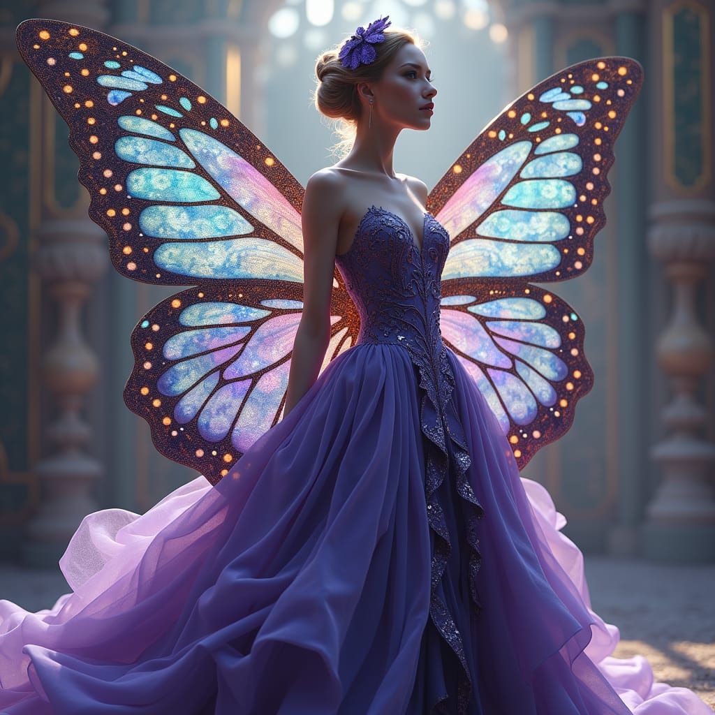 Woman in Ornate Purple Butterfly Ball Gown