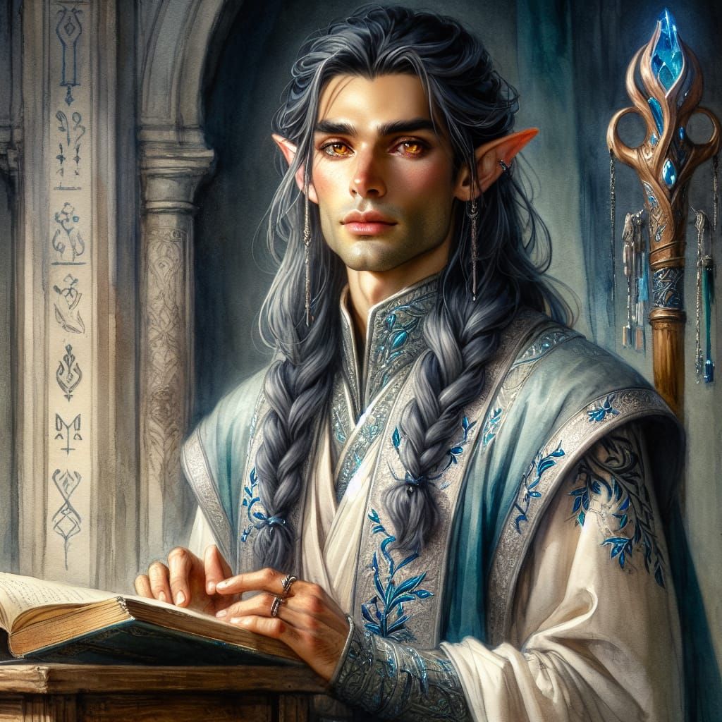 Male Elf Scholar Reading Ancient Book in Ethereal Style