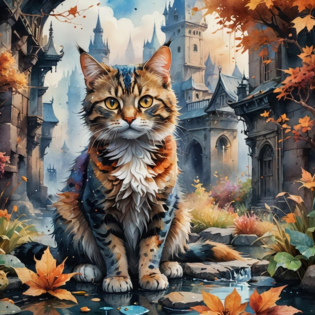 Watercolor Cat: Detailed Fantasy Concept Art