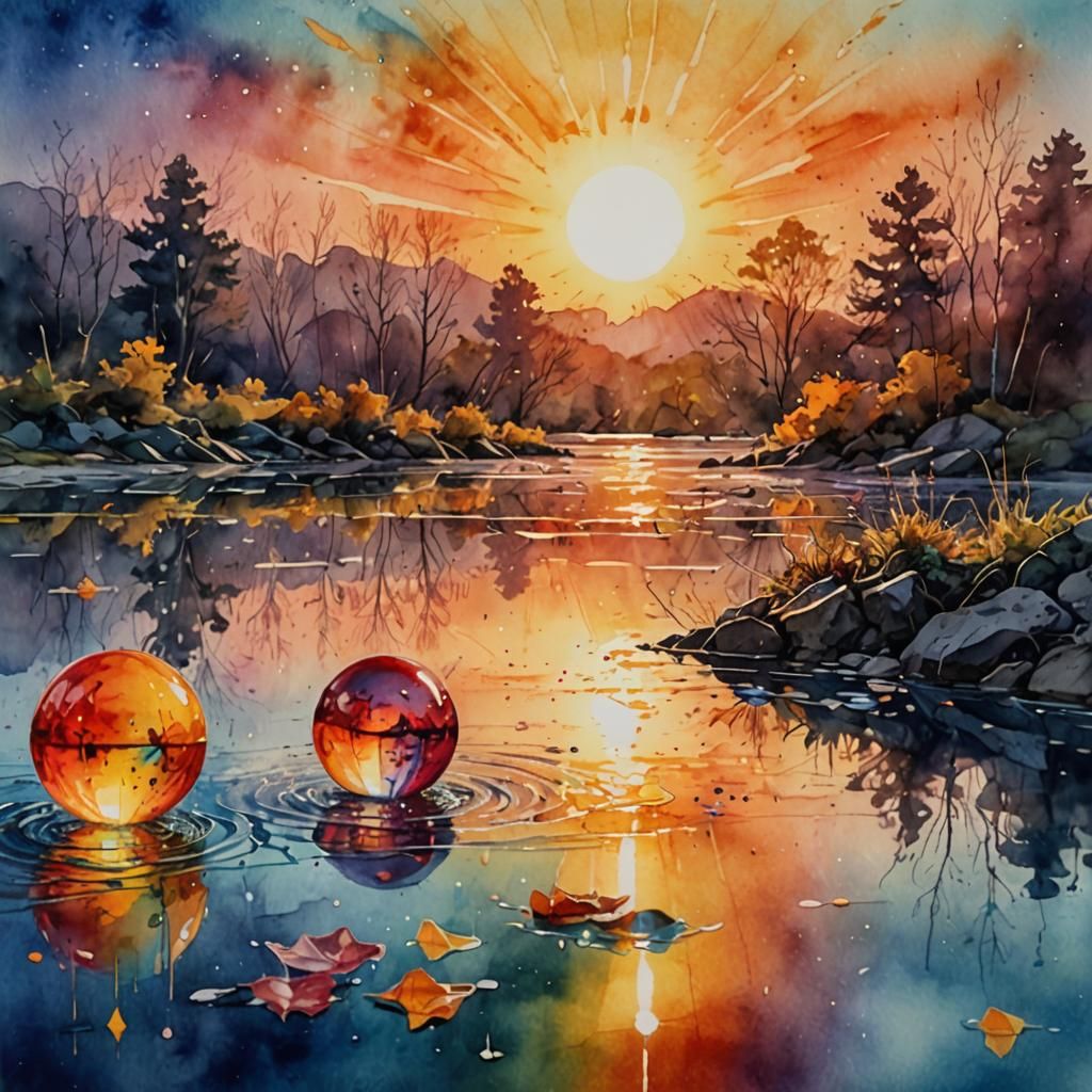 Intense Watercolor Sun Falling From Sky