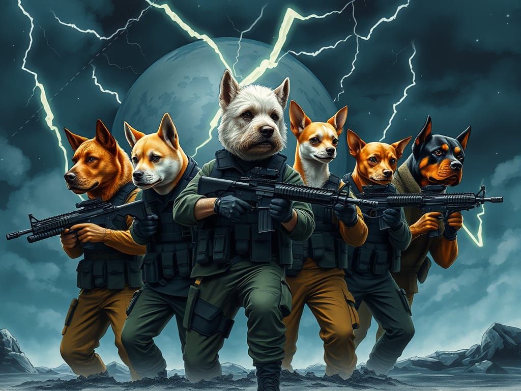 Elite Soldiers Stand Tall with Canine Heads in the Stormy Ni...