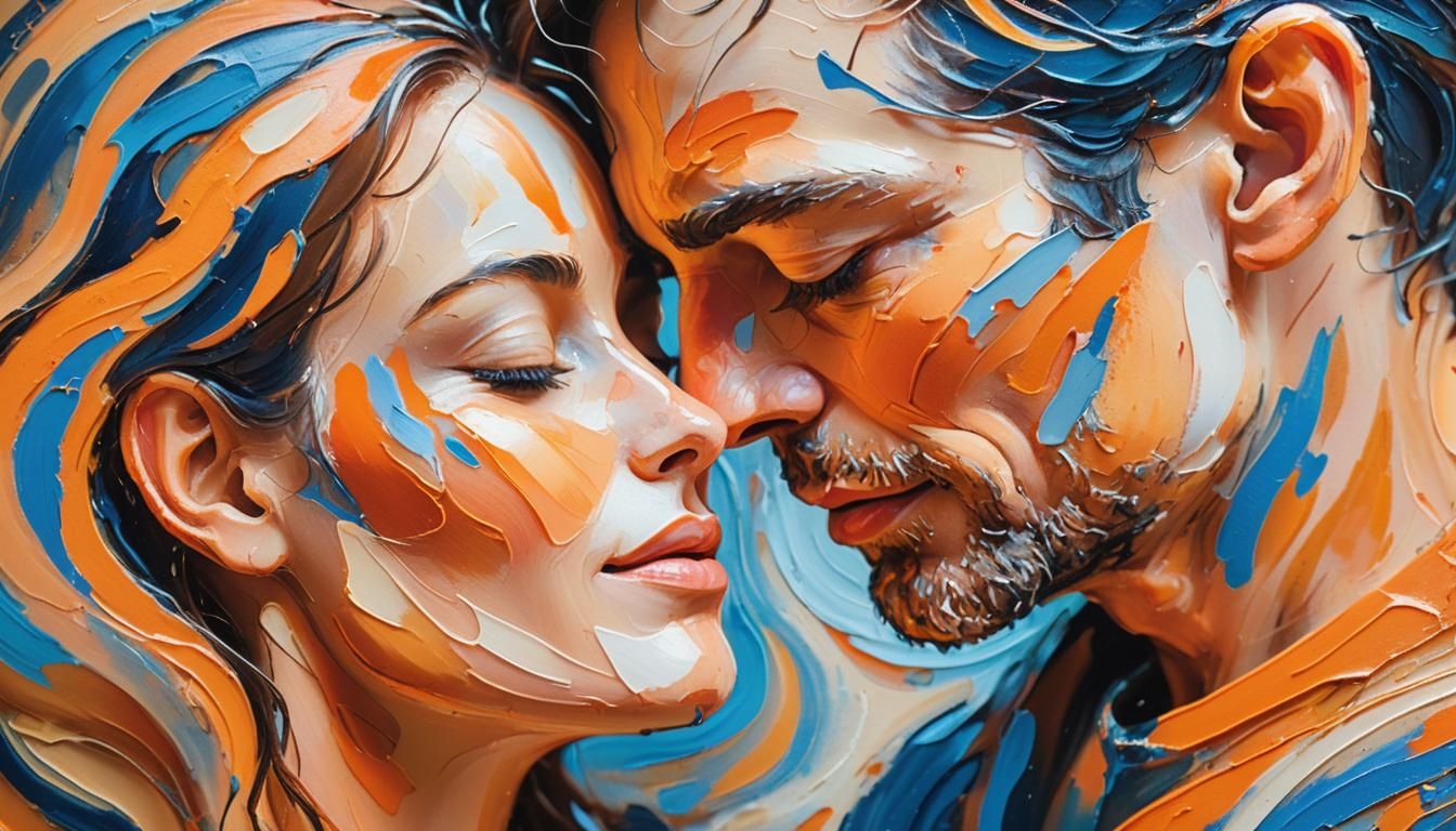 Abstract Expressionist Couple Embracing in Warm Light