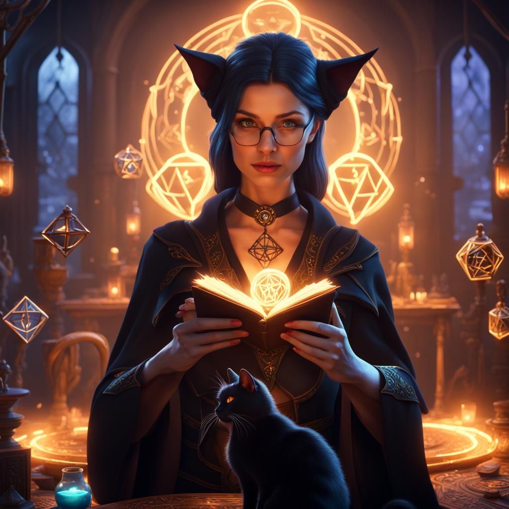 Sorceress Casting Spell with Black Cat, Detailed Digital Art