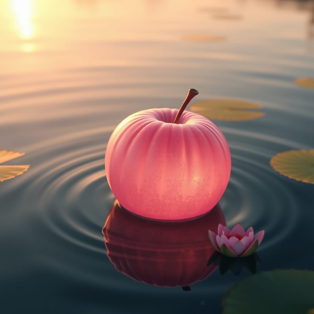 Crystalline Pink Apple Floating on Lake: 3D Anime Art