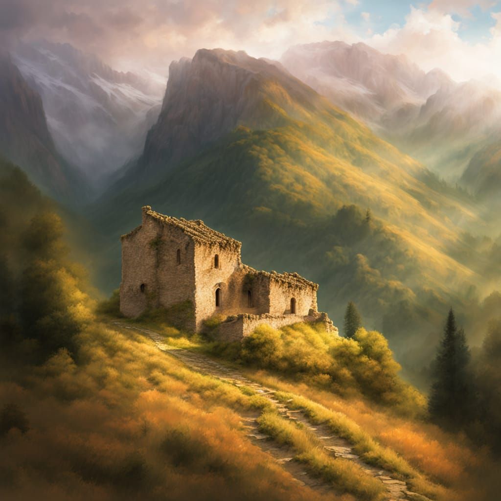 Impressionist Mountain Ruin Under Golden Light