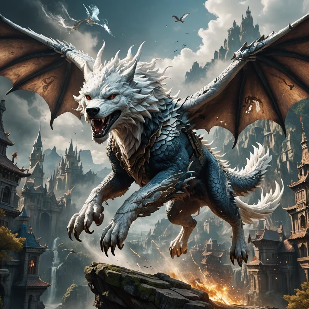 White Wolf Dragon Flying: Detailed Matte Painting