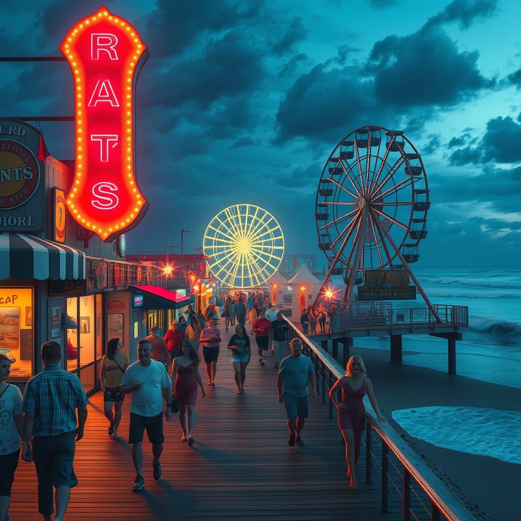 Night Boardwalk Scene in Fantasy Surrealist Style
