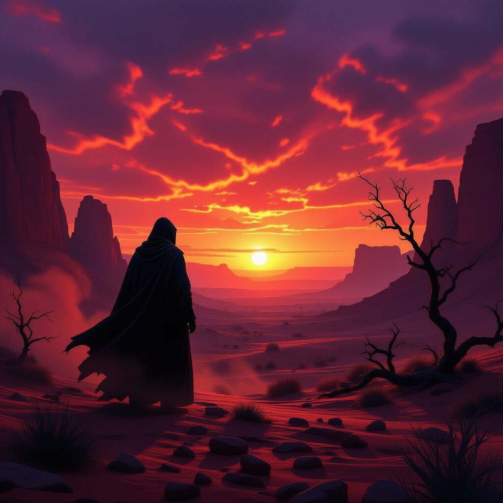 Alien Sunset Silhouette in Hyperrealistic Style