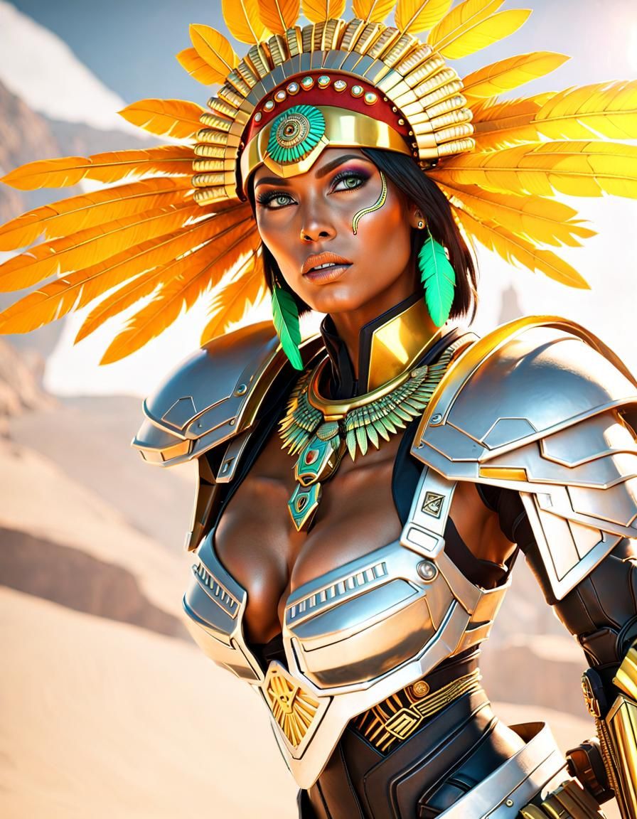 Aztec Warrior Woman in Cyberpunk Servo-Armor