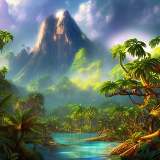 Tropical Mangrove Meets Snowy Peaks: Fantasy Art