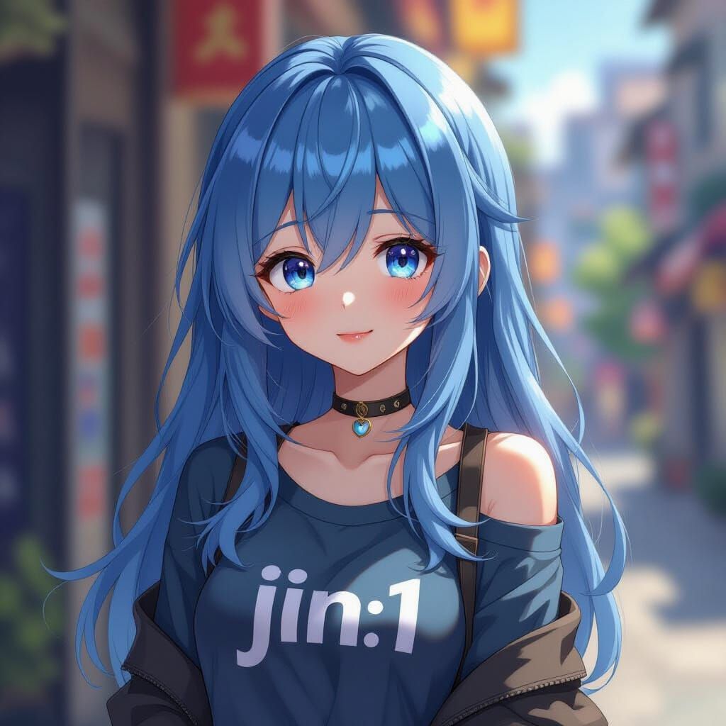 Cute Anime Girl in Blue Jin Shirt