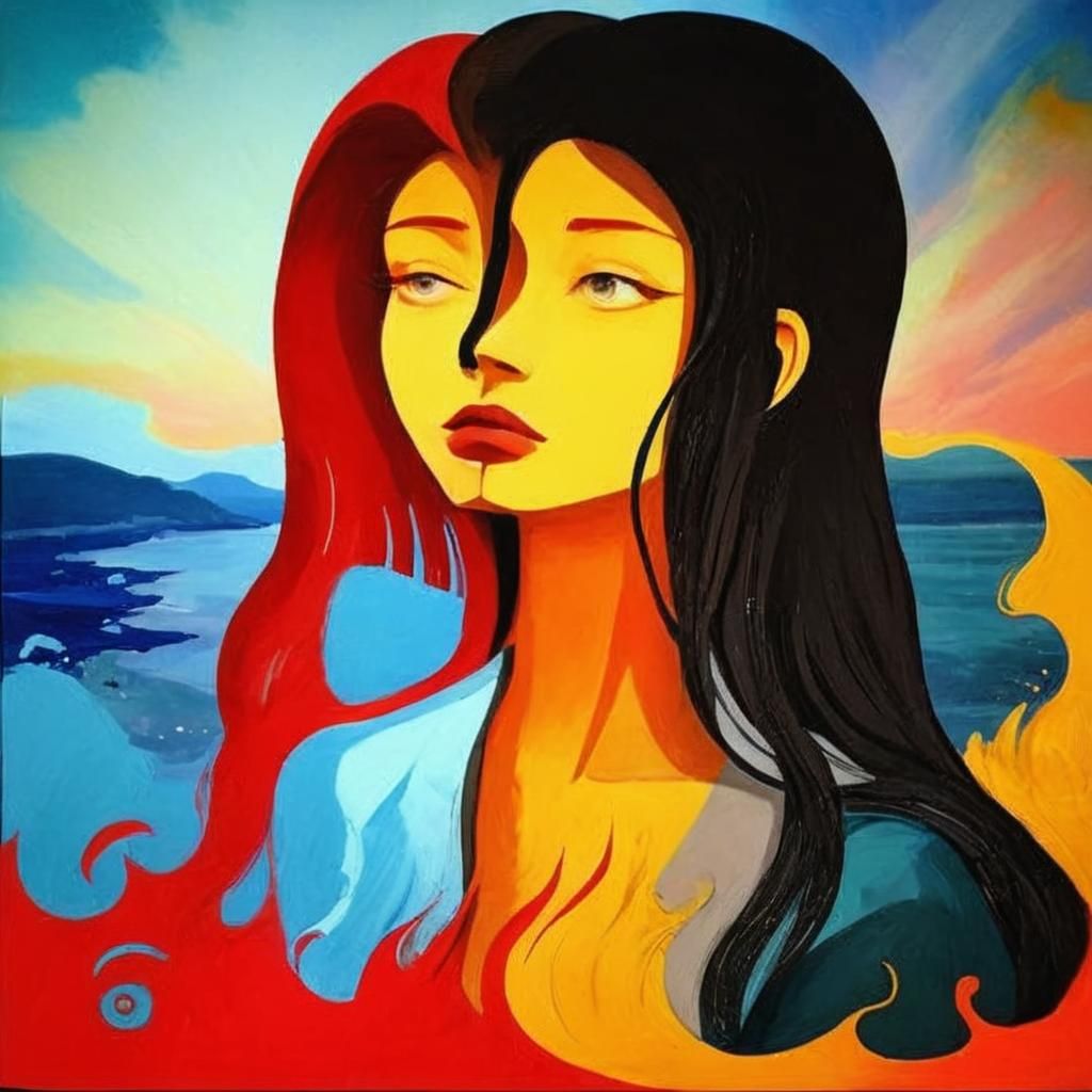 Woman Walking on Beach at Sunrise in Impressionist Style