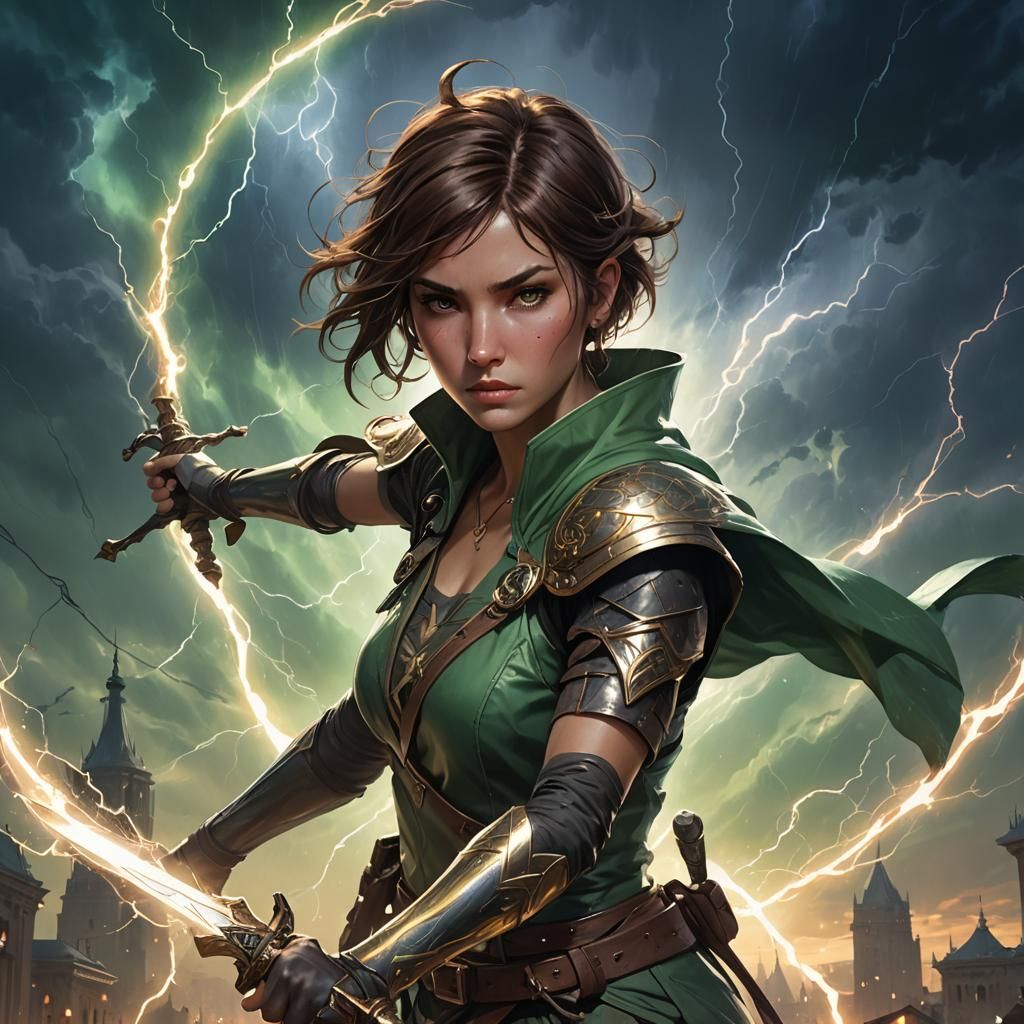 Girl with Sword in Lightning Storm: Hyperdetailed Portrait