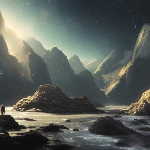 Fantasy Mountain Waterfall at Night, Hyperdetailed Concept A...