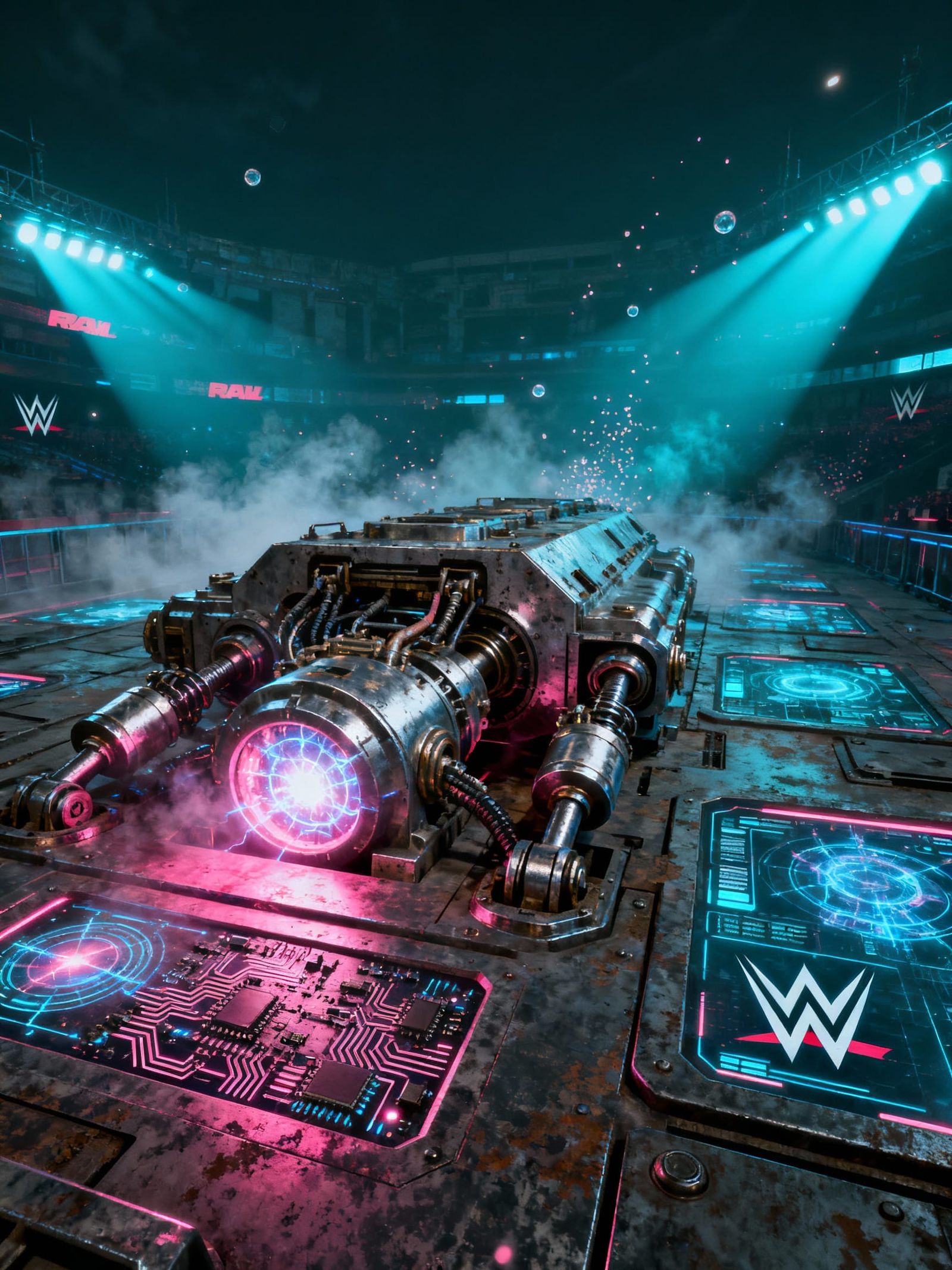 Futuristic WWE Raw Arena in Sci-Fi Style