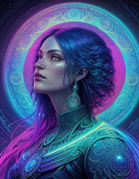 Psychedelic Aetherpunk Woman Amidst Light Beams