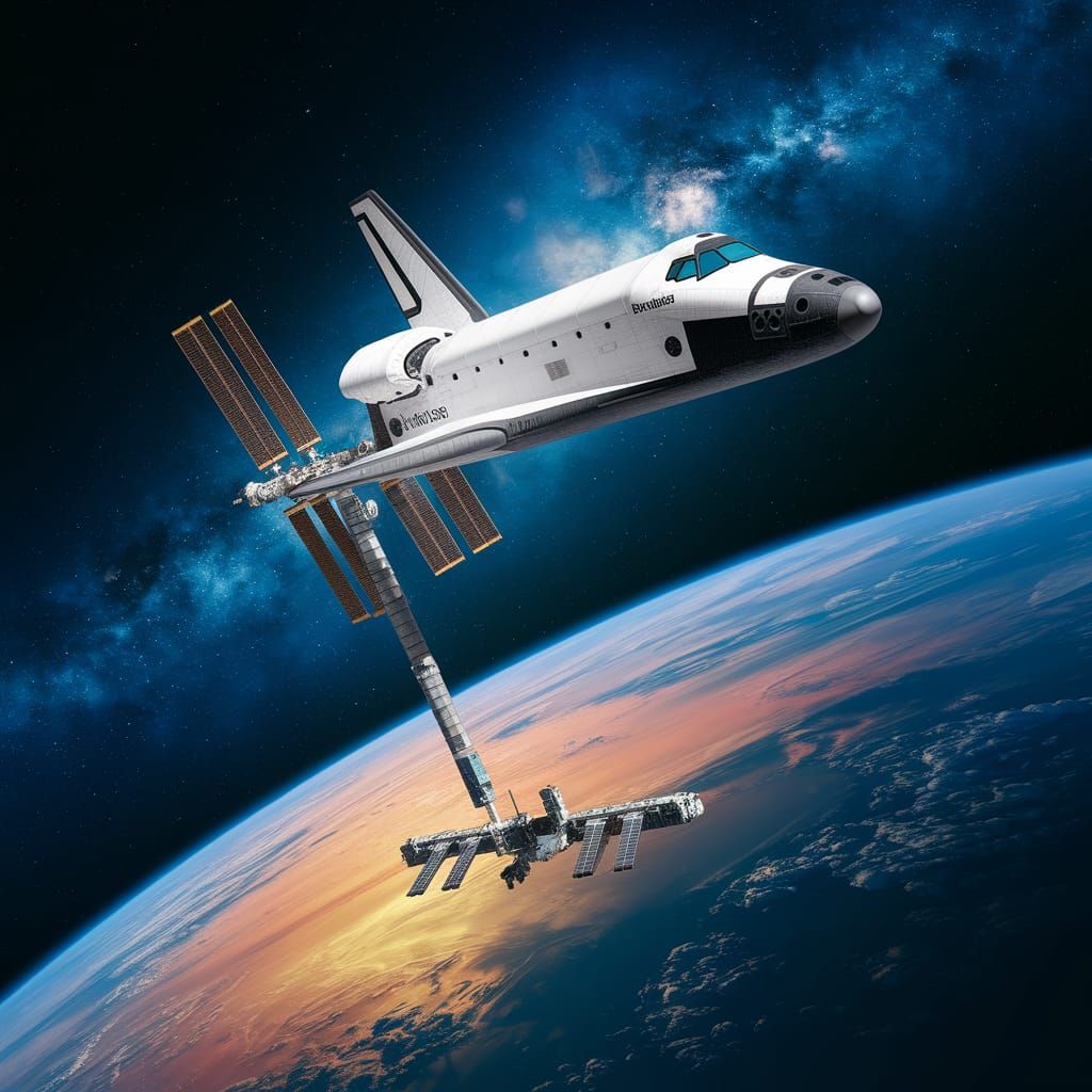 Space Shuttle Orbiter and Station in Space