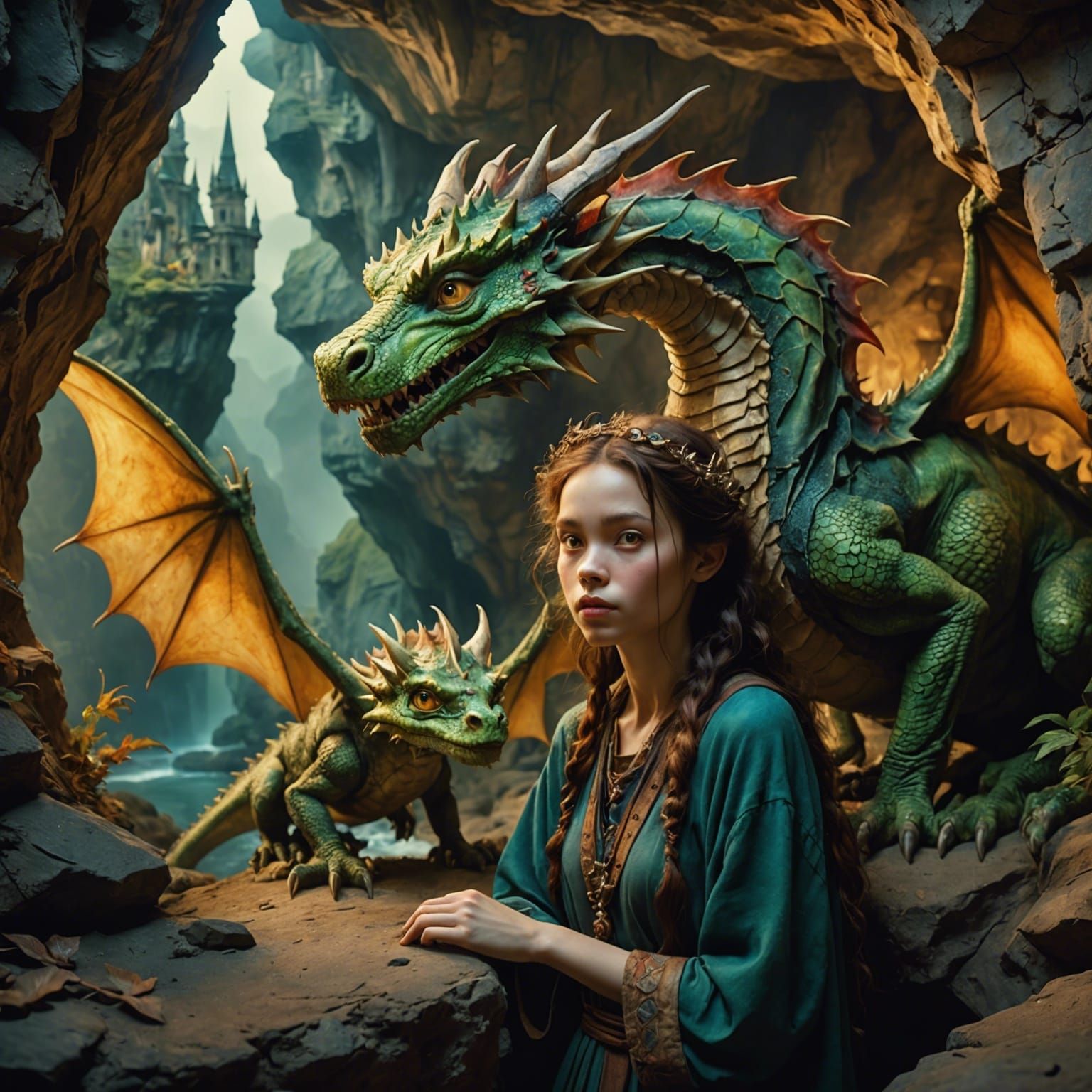 girl and cute  dragon in . in a cave, ,  by Kim Keever | Fra...
