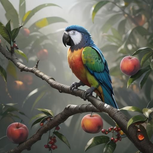 Parrots Feast on Peaches: Detailed Art Station Portrait
