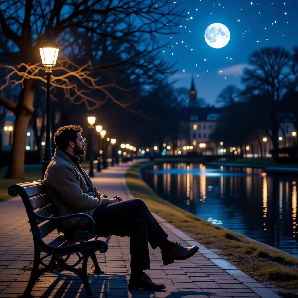 Man Gazing at Moonlit Sky in Photorealistic Style