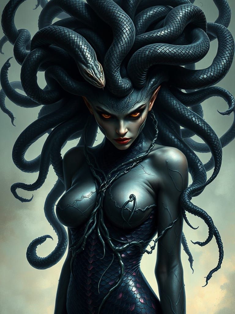 Dark Fantasy Portrait of Medusa in Ethereal Black Scales