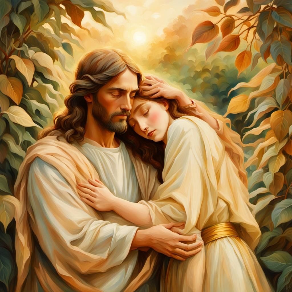 Jesus Comforts Woman in Pre-Raphaelite Garden