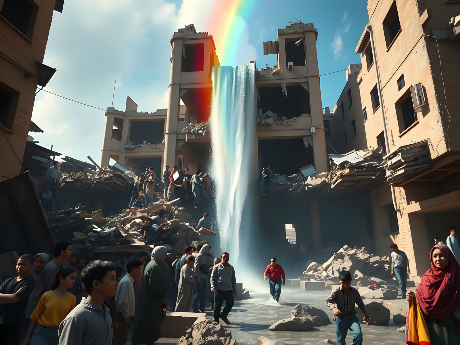 Waterfall of Hope: Hyperrealistic Post-War Illustration