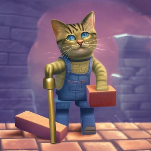 Bricklayer Cat Breaks Through Wall: Epic Digital Painting